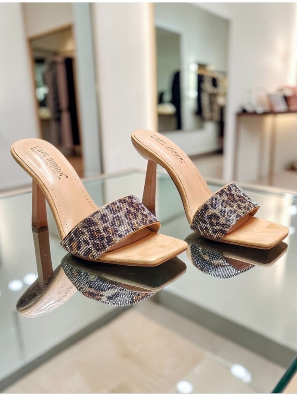 Beaded Leopard Print Square-Toe Open Heels With Stiletto Heel Design